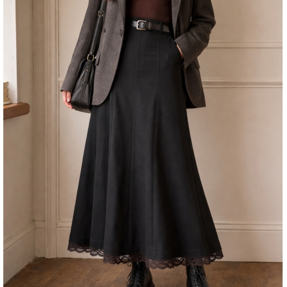 Y2k Black Dark Academia Jersey Knit Fit And Flare With Lace Trim Maxi Skirt